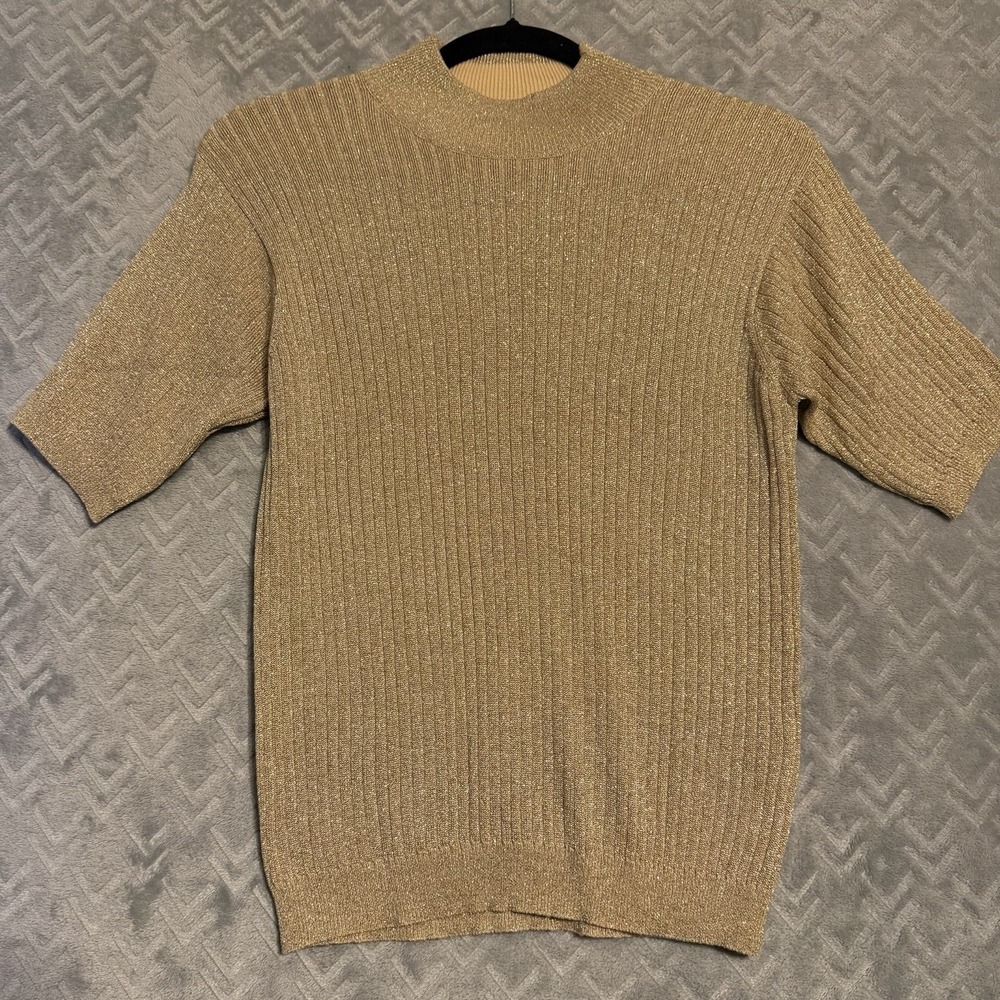 Vintage Talbots Women's Small Sweater Short Sleeve Gold Metallic Pullover‎ Top